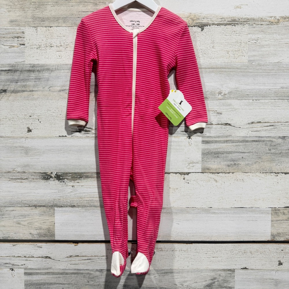 Silkberry Baby Footie Kids 12-18M Pink Candy Cane Stripe Organic Cotton NWT